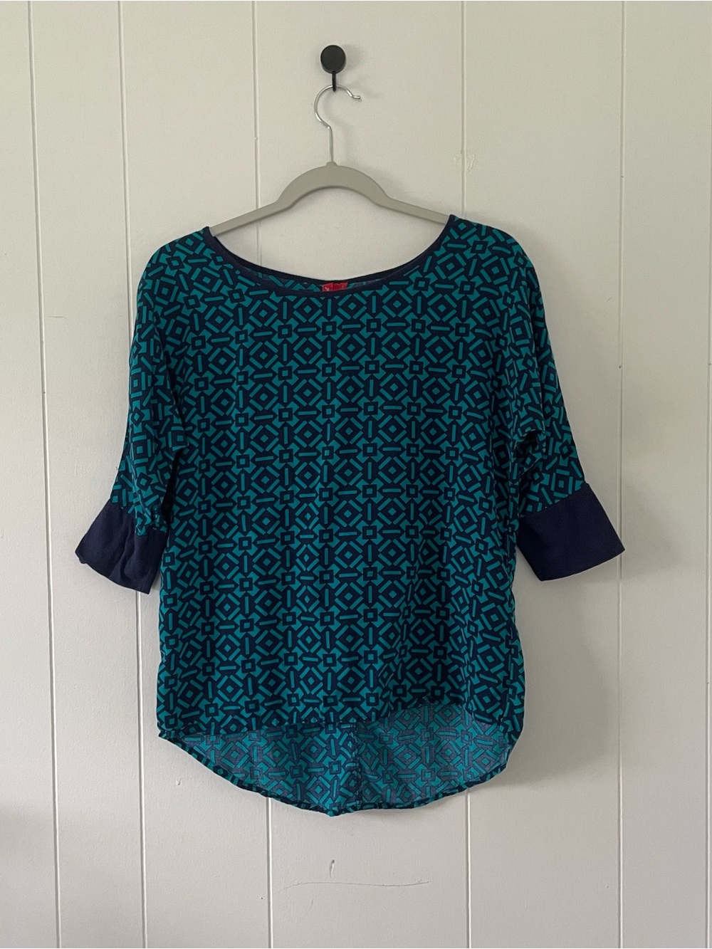 Red Camel Teal Geometric 3/4 Sleeve Blouse with Navy Cuffs